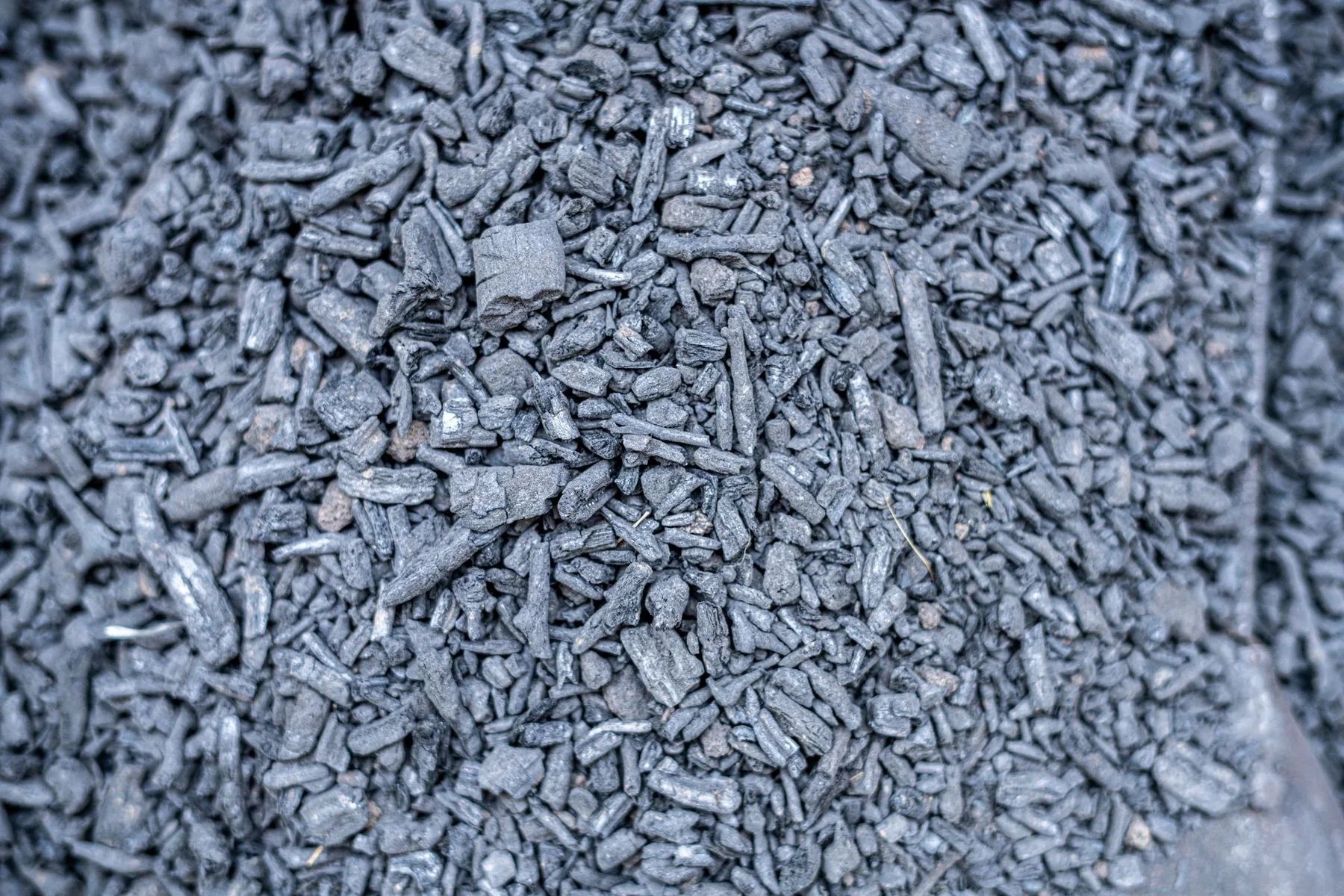 Gray charcoal pieces are shown in close-up.